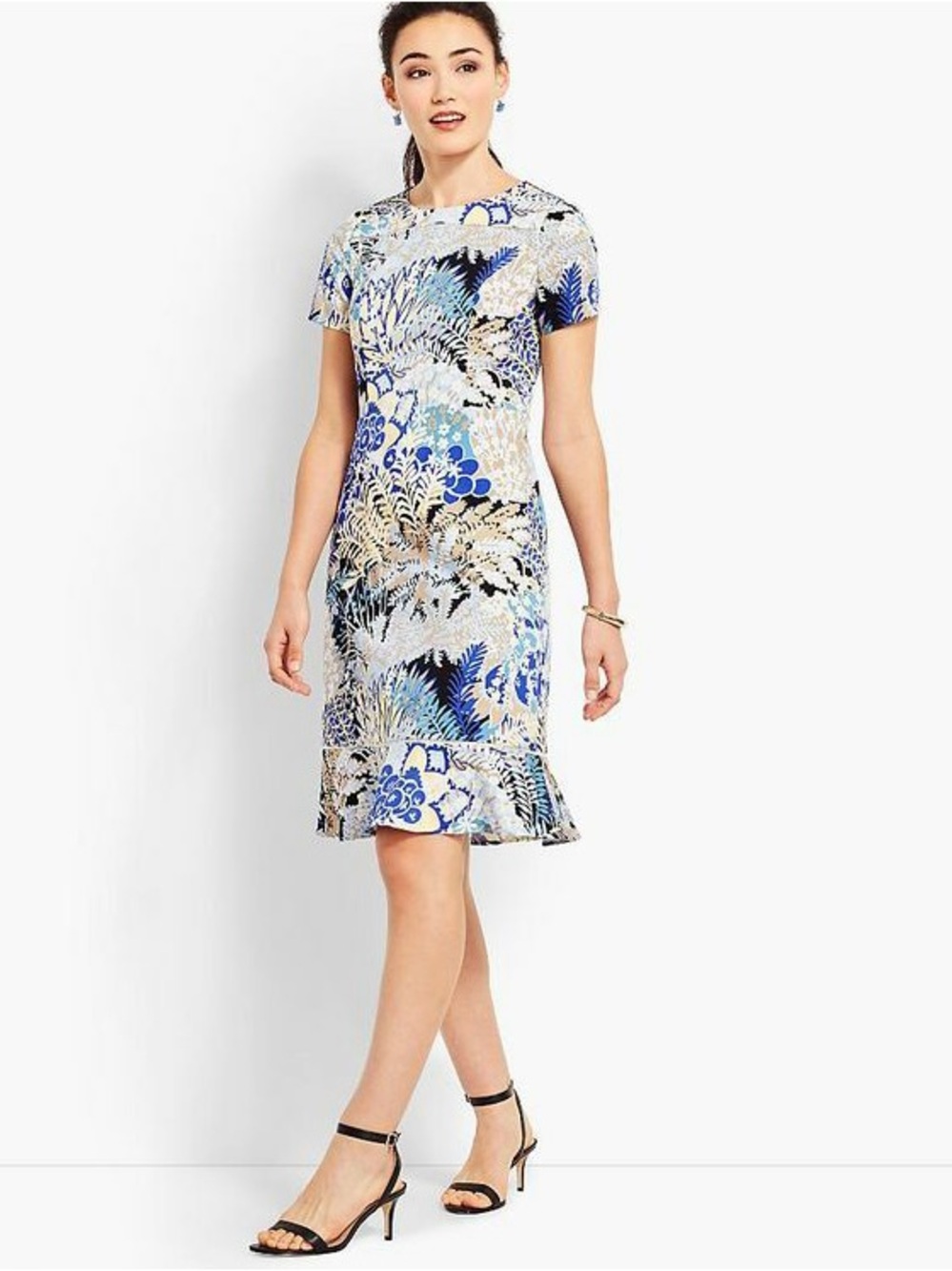Talbots Blue, White & Cream Floral Ruffle-Hem Midi Dress